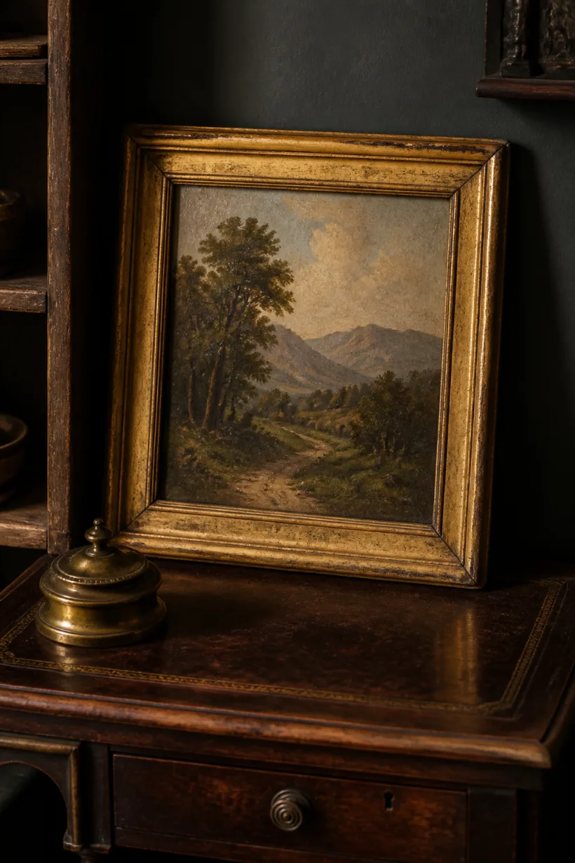 Concept inventory image of a California landscape painting in an aged gilt frame above a writing desk.