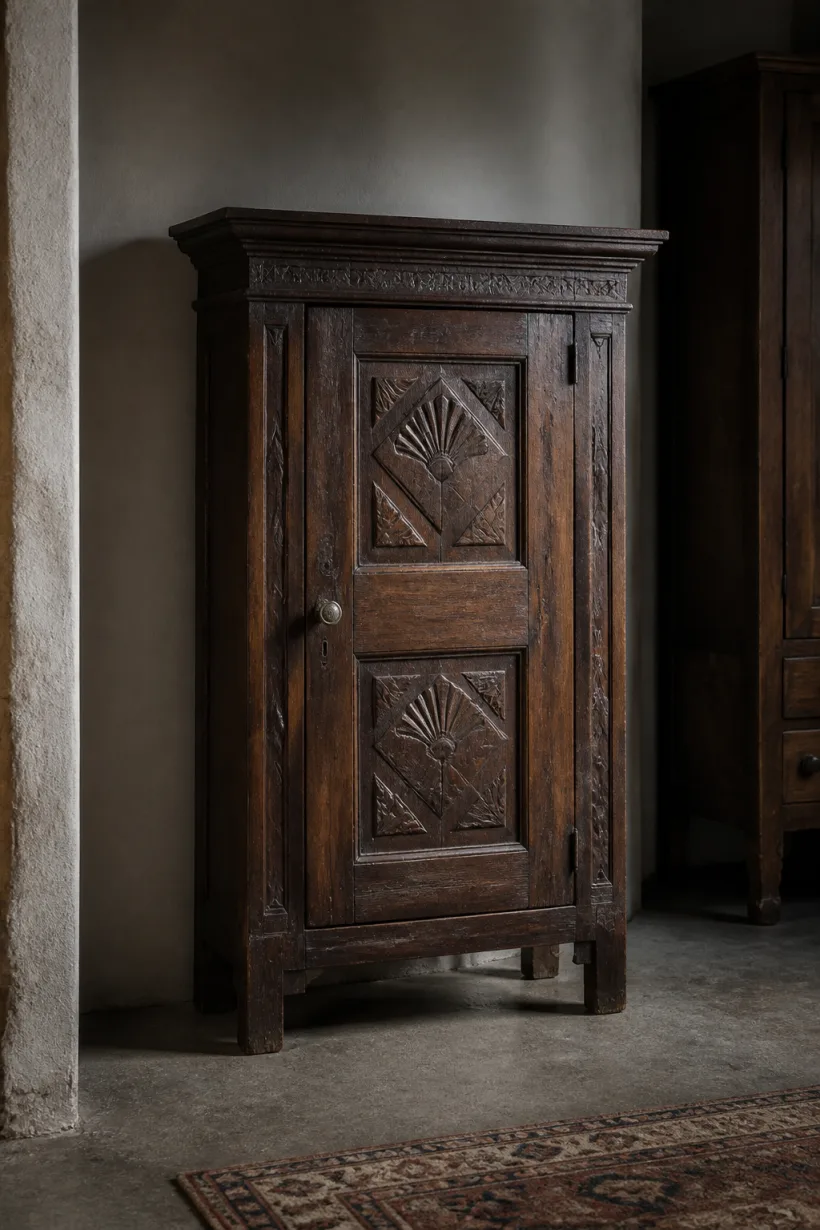 Concept inventory image of a carved walnut cabinet with visible age and patina.